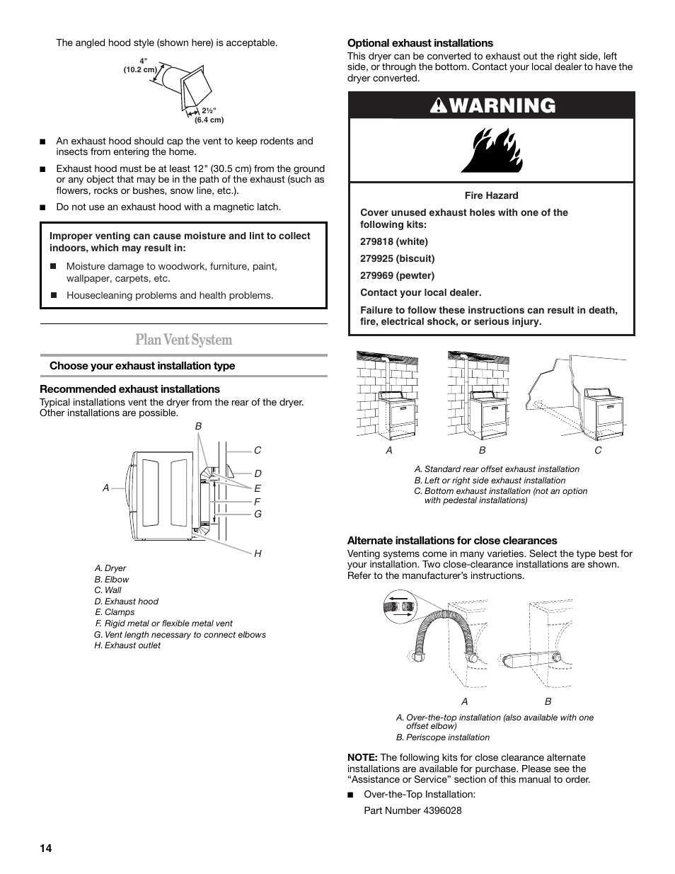 Warning, Plan vent system | Whirlpool duet 8578185 User Manual | Page 14 / 28