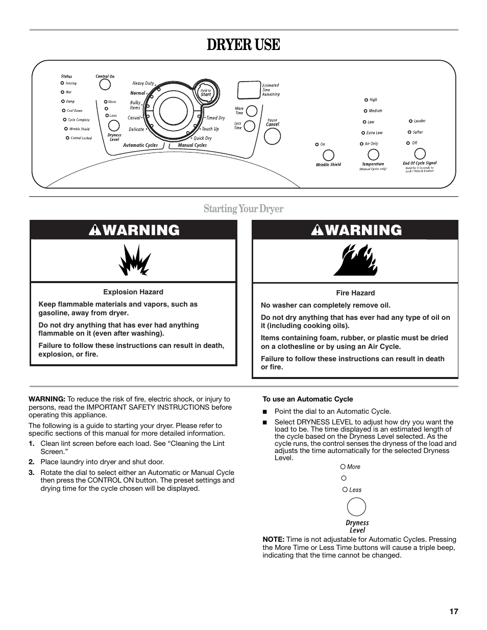 Dryer use, Warning, Starting your dryer | Whirlpool duet 8578185 User Manual | Page 17 / 28