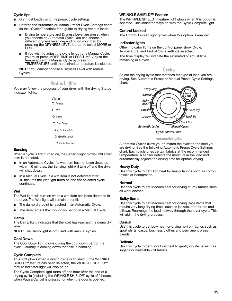 Status lights, Cycles | Whirlpool duet 8578185 User Manual | Page 19 / 28