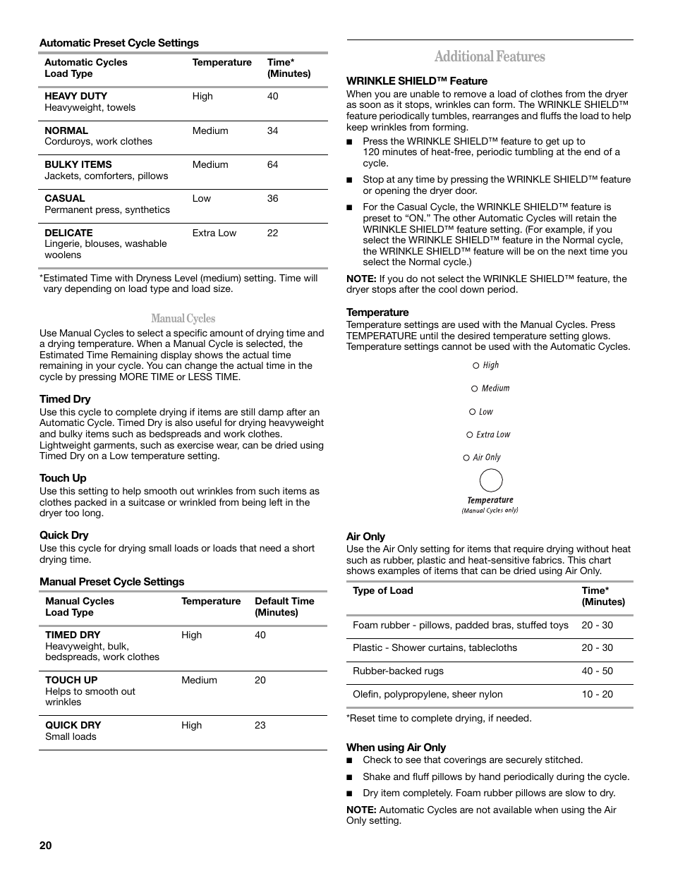 Additional features | Whirlpool duet 8578185 User Manual | Page 20 / 28