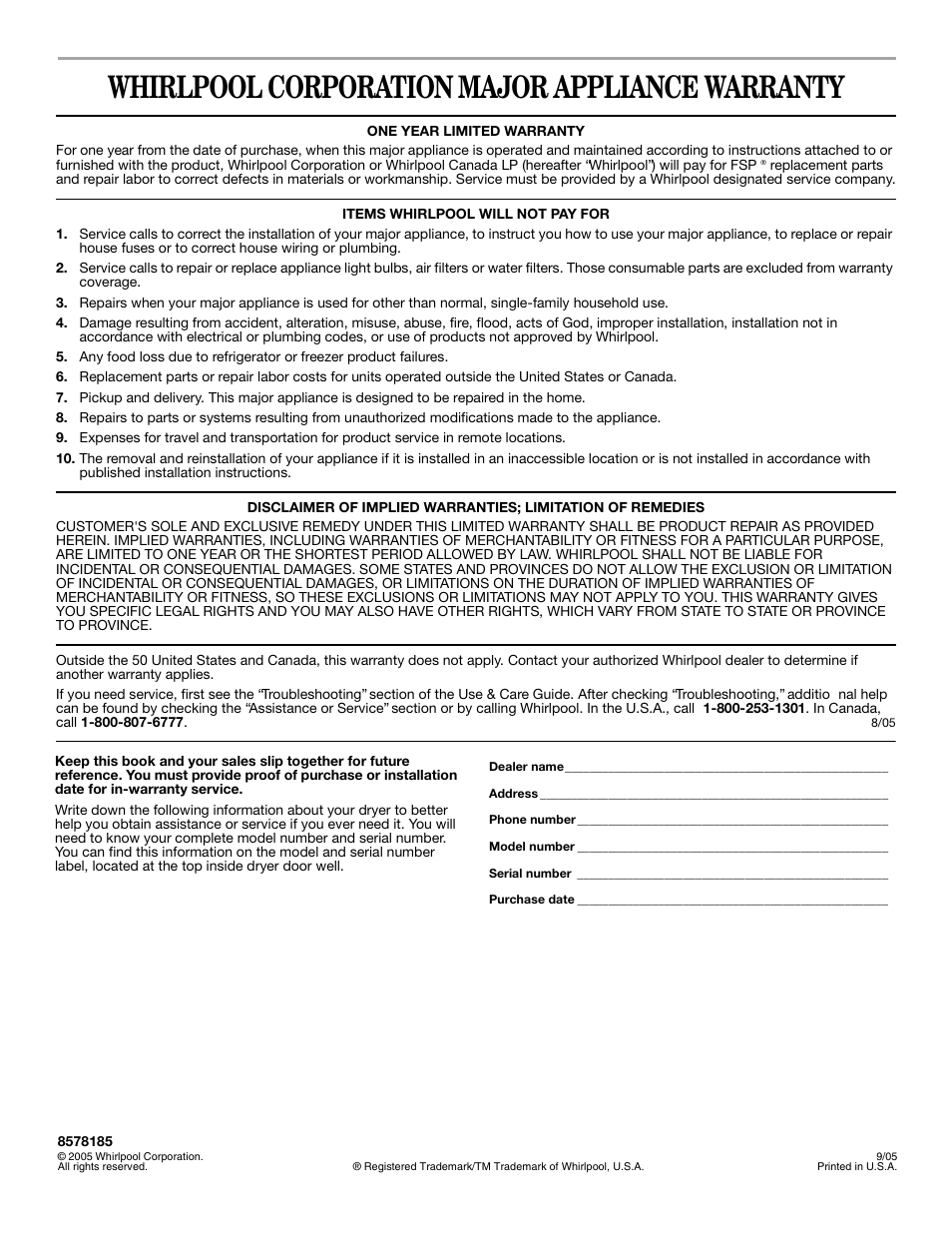 Whirlpool corporation major appliance warranty | Whirlpool duet 8578185 User Manual | Page 28 / 28