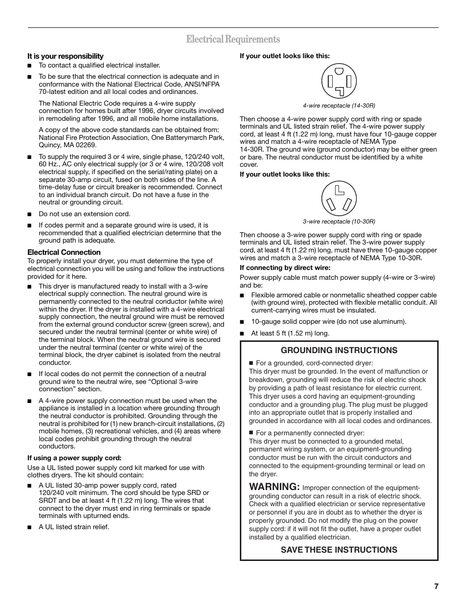 Electrical requirements, Warning, Grounding instructions save these instructions | Whirlpool duet 8578185 User Manual | Page 7 / 28