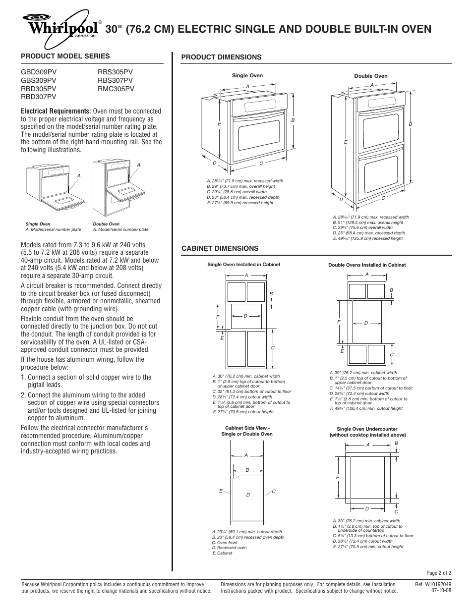 Cabinet dimensions | Whirlpool GBS279PV User Manual | Page 2 / 2