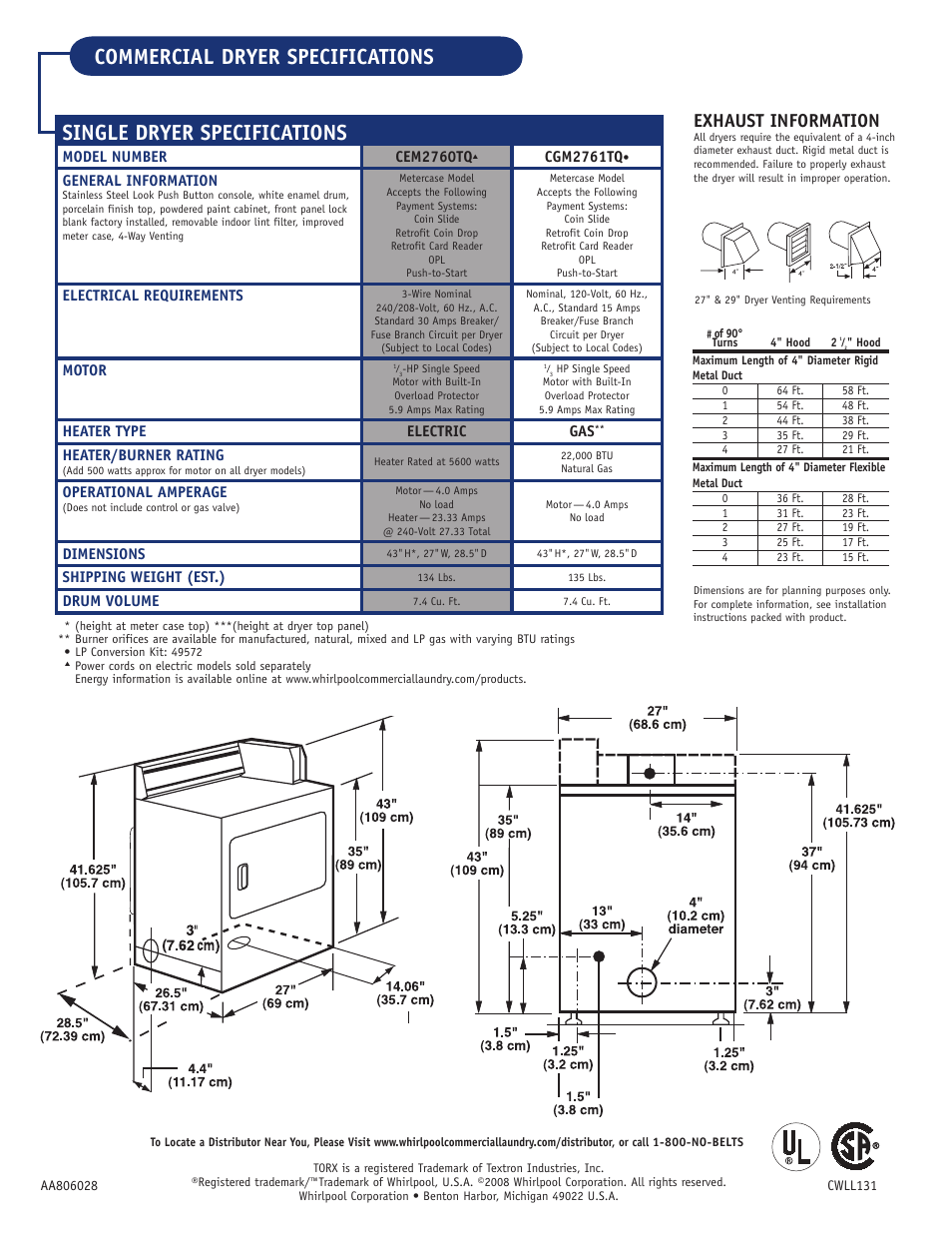 Single dryer specifications, Commercial dryer specifications, Exhaust information | Whirlpool CGM2761TQ User Manual | Page 2 / 2