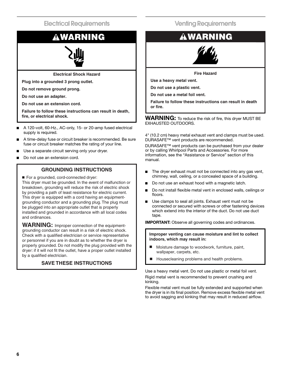 Electrical requirements, Venting requirements, Warning | Whirlpool Conservator CEDC392PQ0 User Manual | Page 6 / 16