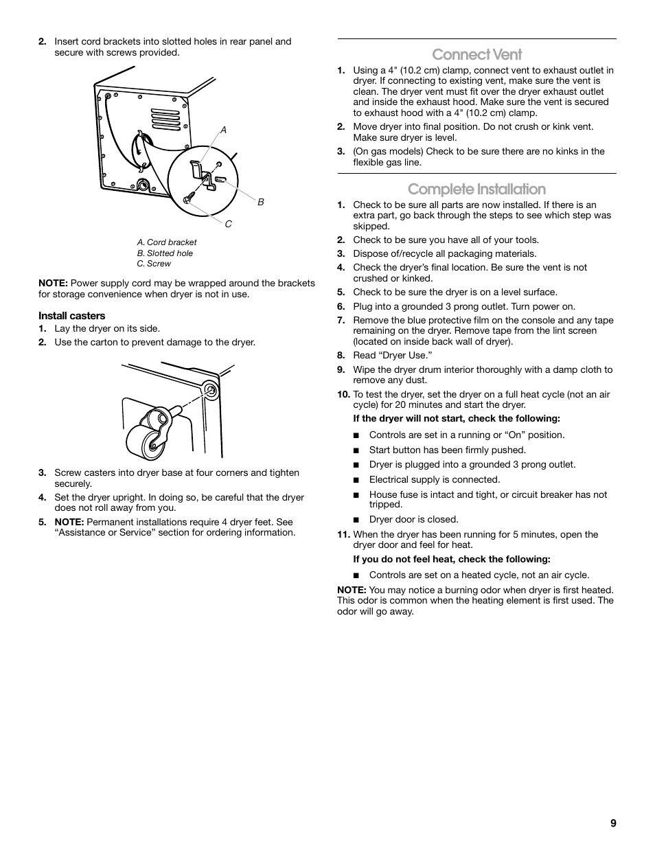 Connect vent, Complete installation | Whirlpool Conservator CEDC392PQ0 User Manual | Page 9 / 16