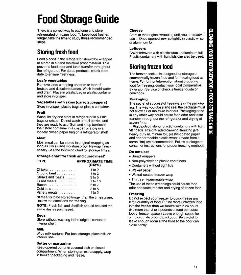 Food storage guide, Storing fresh food, Fruit | Meat, Days), Milk, Cheese, Leftovers, Storing frozen food, Do not use | Whirlpool 6ET18GK User Manual | Page 11 / 16