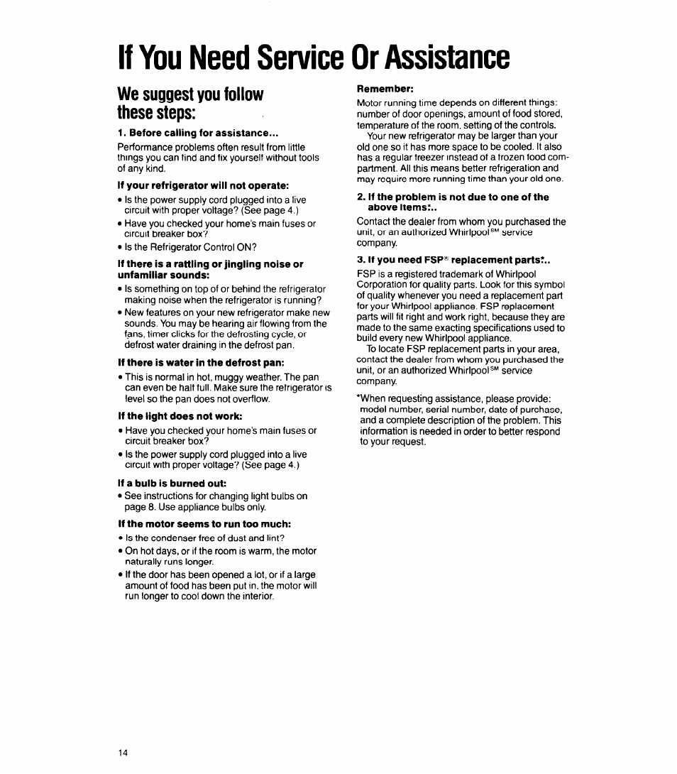 We suggest you follow these steps, Before calling for assistance, If a bulb is burned out | If the motor seems to run too much, Remember, If you need fsp® replacement parts, If you need service or assistance | Whirlpool 6ET18GK User Manual | Page 14 / 16