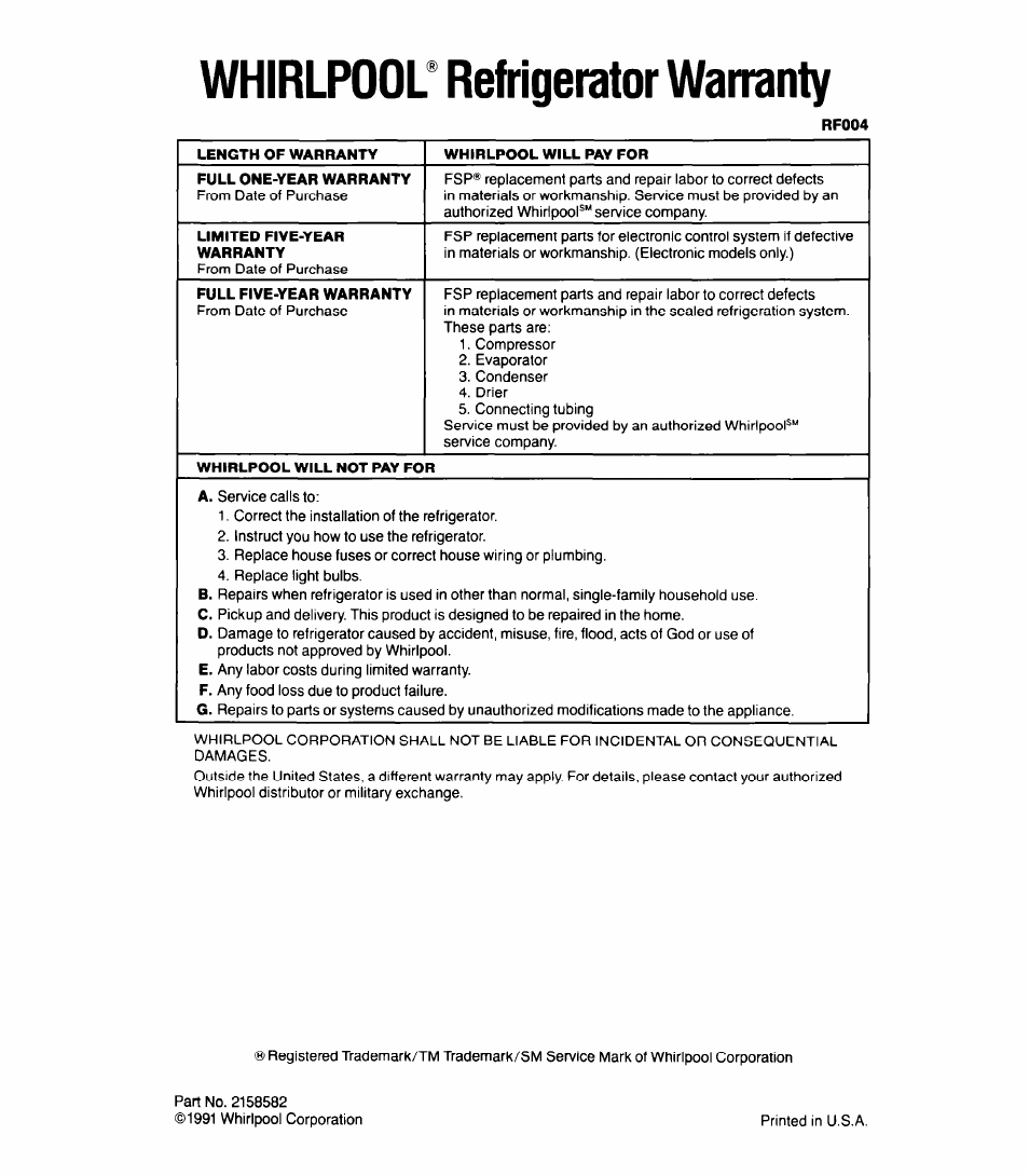 Whirlpool" refrigerator warranty, Whiripooi refrigerator warranty | Whirlpool 6ET18GK User Manual | Page 16 / 16