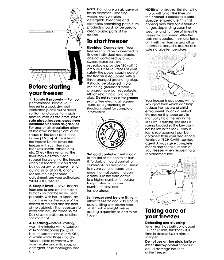 Before startihg your freezer, Locate it properly — for top, To start freezer | Let freezer cool before filling, Taking care of your freezer | Whirlpool EHH-150CW User Manual | Page 2 / 6