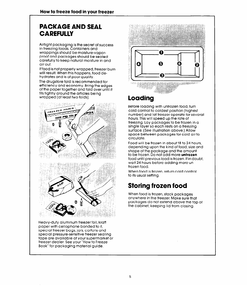 How to freeze food in your freezer, Package and seal carefully, Loading | Storing frozen food | Whirlpool EHH-150CW User Manual | Page 3 / 6