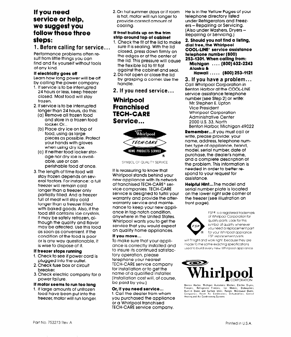 Whirlpool, Whirlpool franchised tech-care service | Whirlpool EHH-150CW User Manual | Page 6 / 6