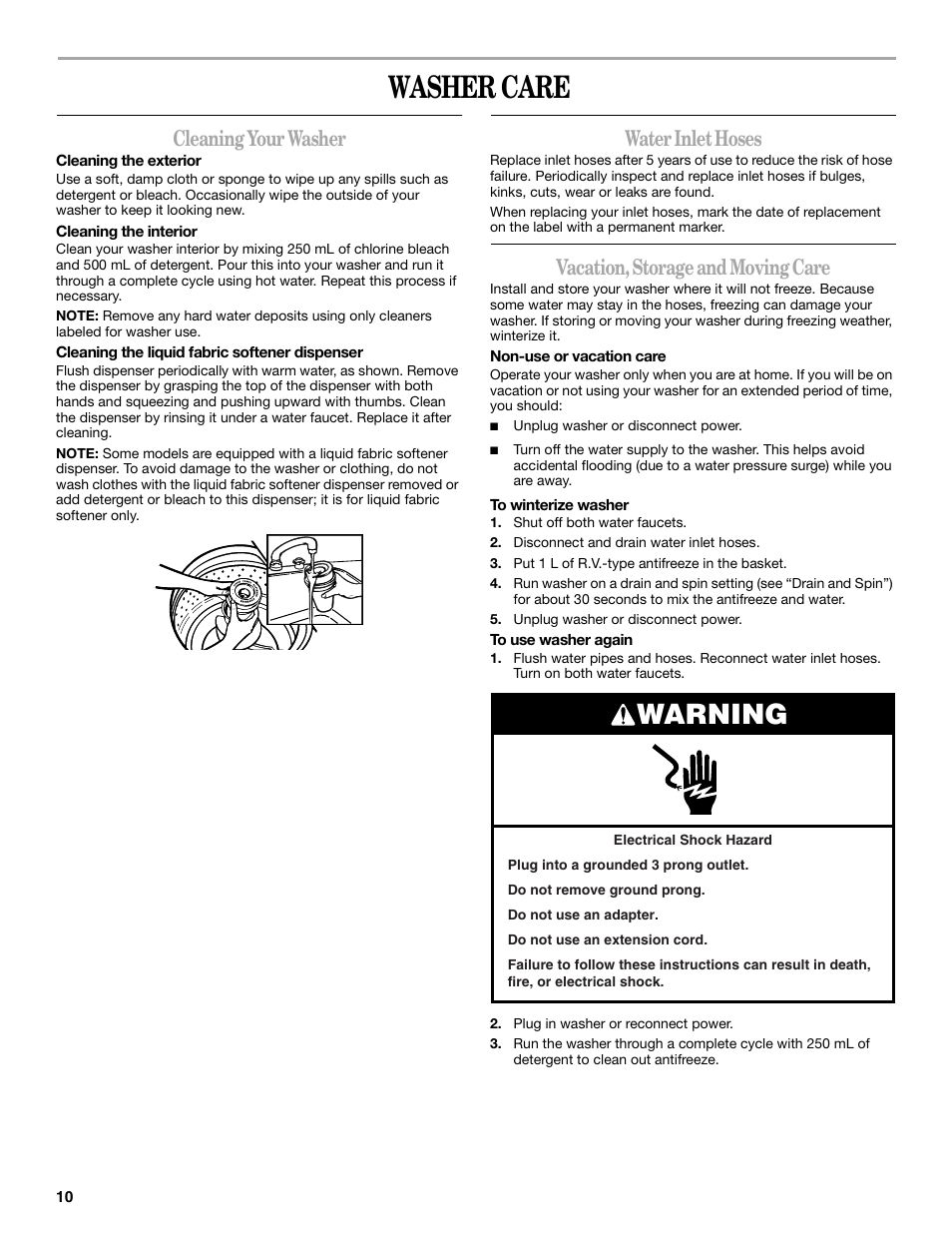 Washer care, Warning, Cleaning your washer | Water inlet hoses, Vacation, storage and moving care | Whirlpool 3XWTW5705 User Manual | Page 10 / 36