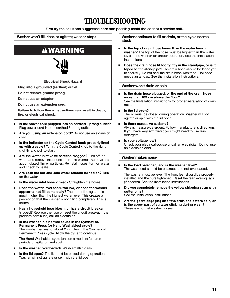 Troubleshooting, Warning | Whirlpool 3XWTW5705 User Manual | Page 11 / 36