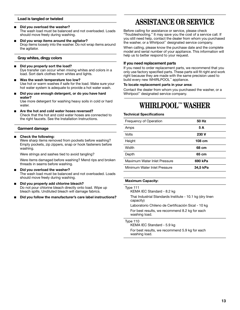 Assistance or service, Whirlpool, Washer | Whirlpool 3XWTW5705 User Manual | Page 13 / 36
