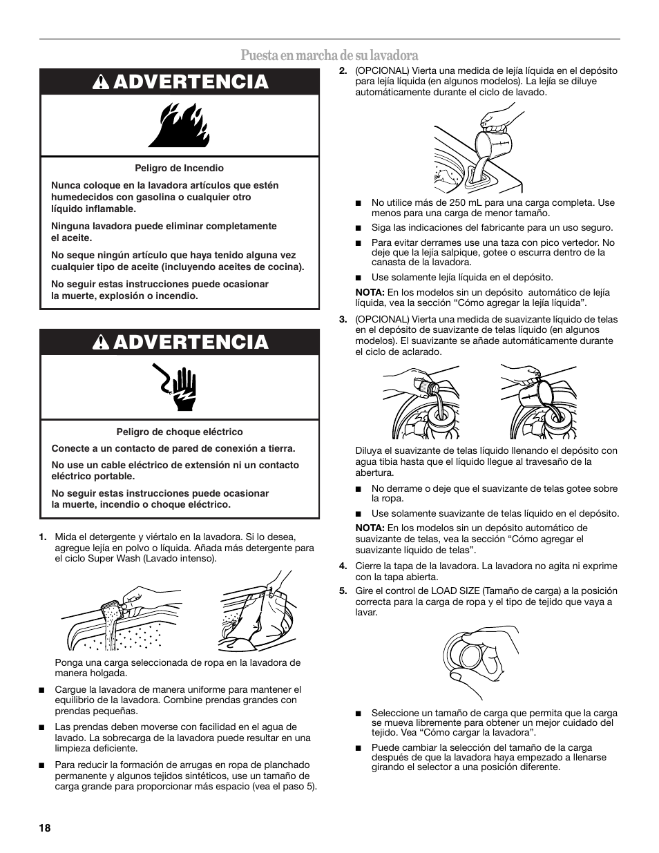 Advertencia, Puesta en marcha de su lavadora | Whirlpool 3XWTW5705 User Manual | Page 18 / 36