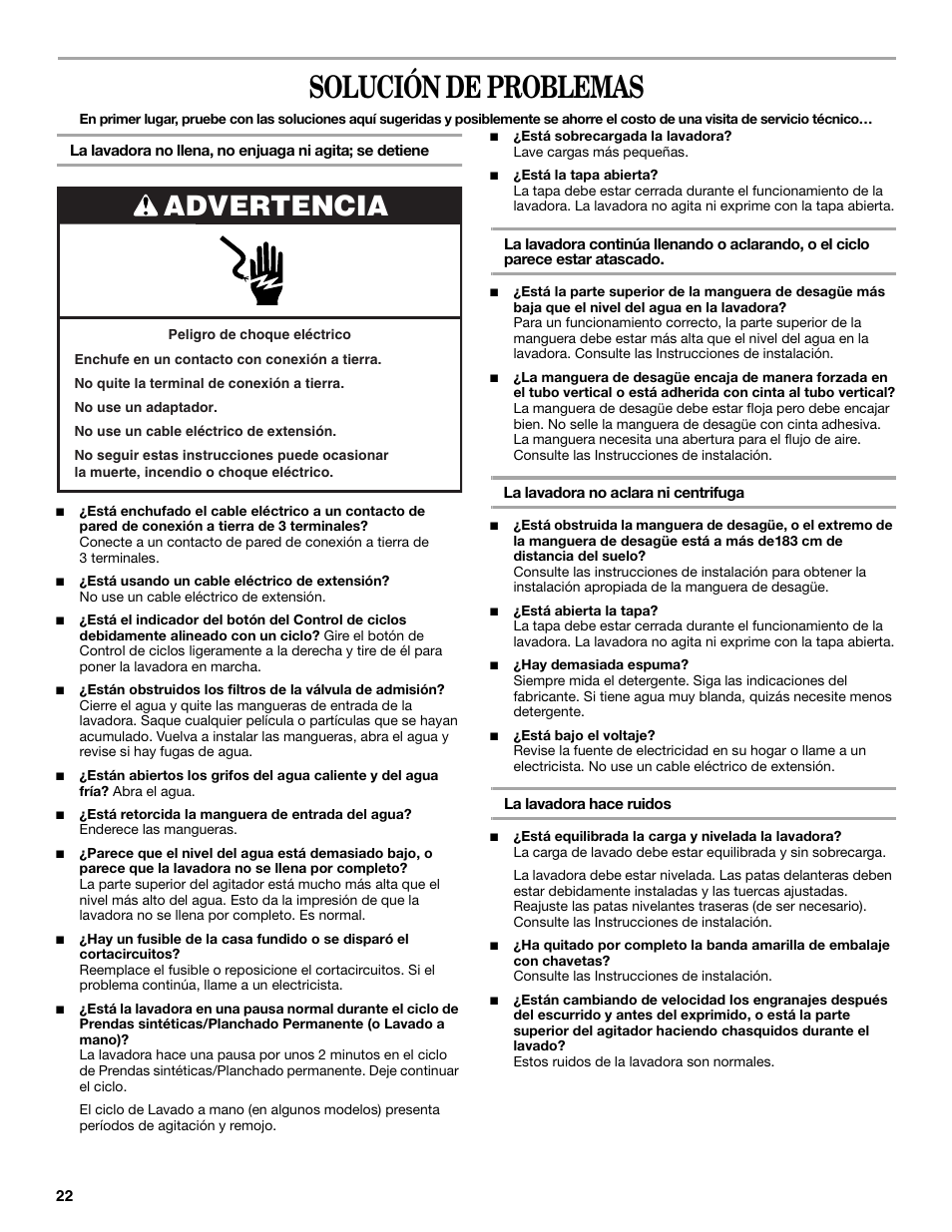Solución de problemas, Advertencia | Whirlpool 3XWTW5705 User Manual | Page 22 / 36