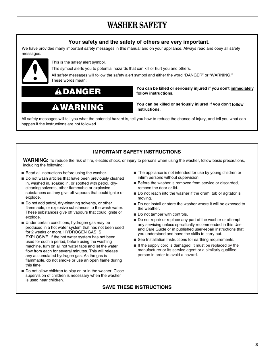 Washer safety, Danger warning | Whirlpool 3XWTW5705 User Manual | Page 3 / 36