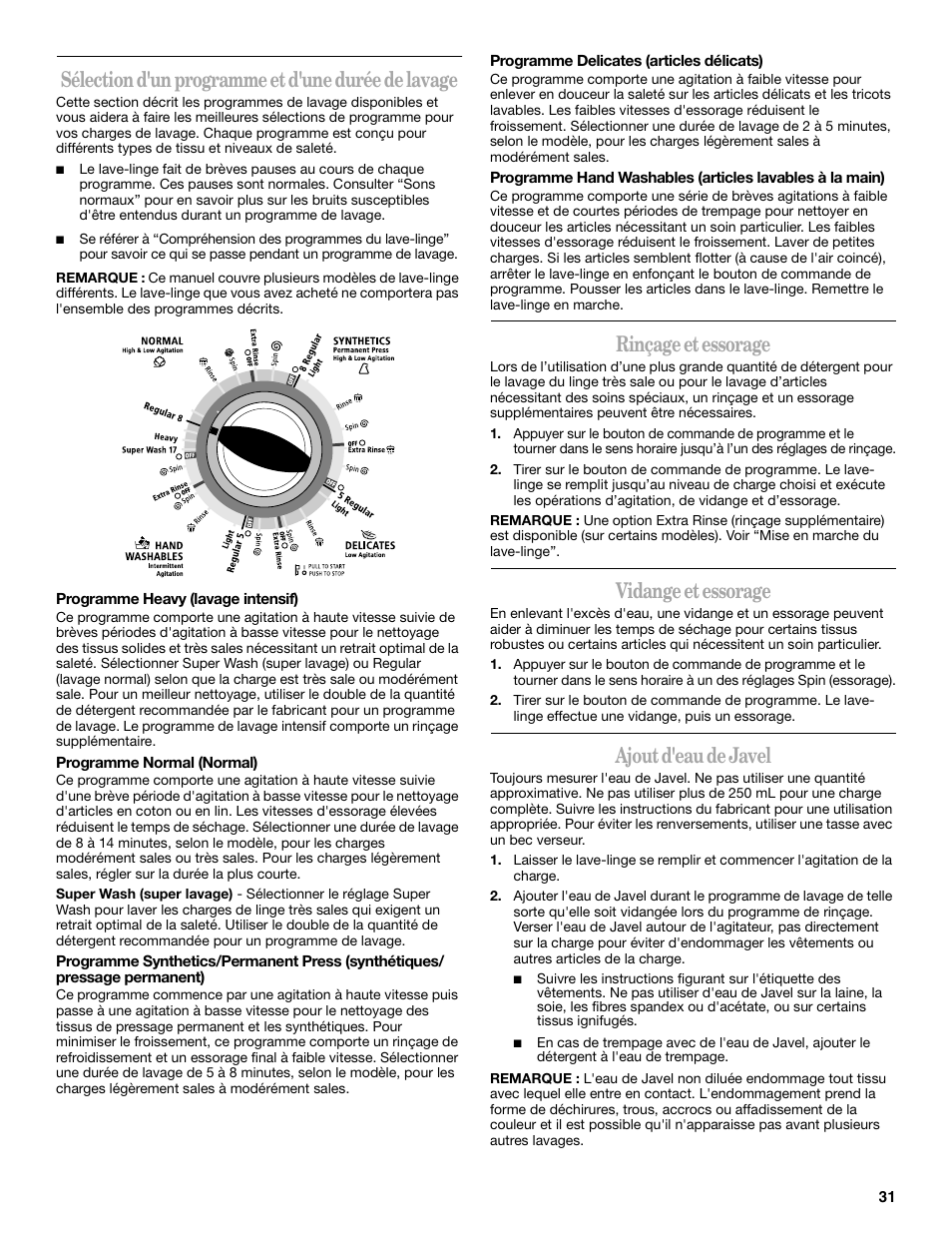 Sélection d'un programme et d'une durée de lavage, Rinçage et essorage, Vidange et essorage | Ajout d'eau de javel | Whirlpool 3XWTW5705 User Manual | Page 31 / 36