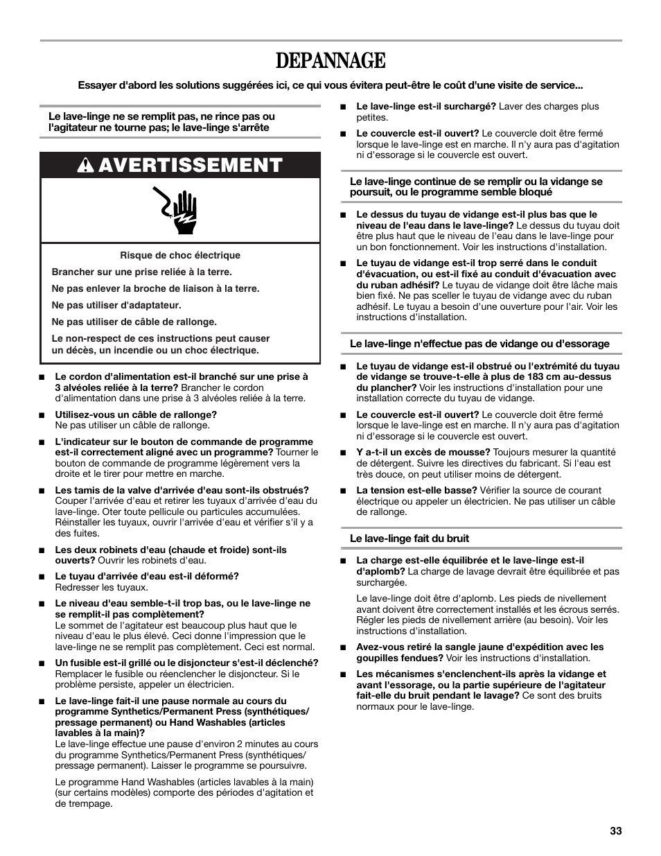 Depannage, Avertissement | Whirlpool 3XWTW5705 User Manual | Page 33 / 36
