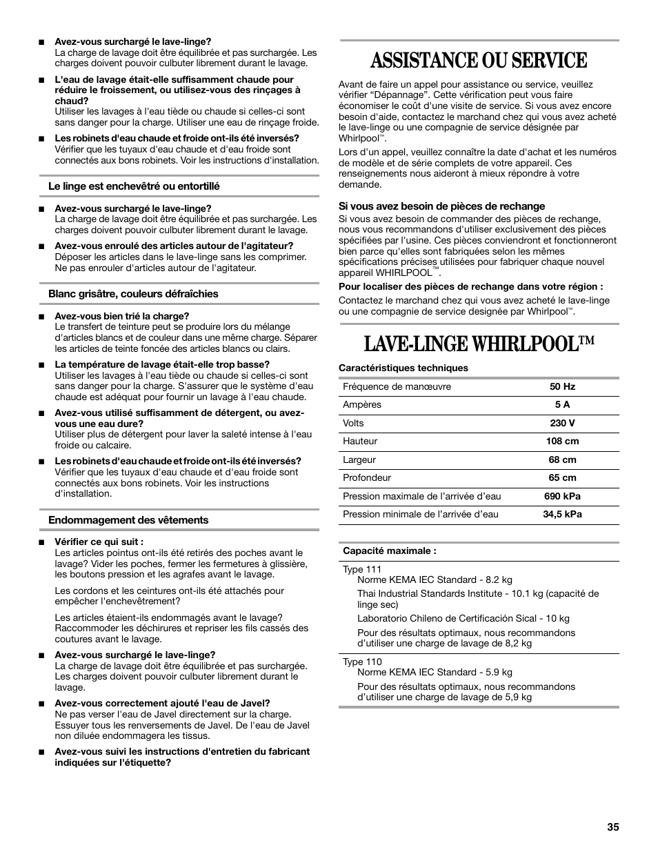 Assistance ou service, Lave-linge whirlpool | Whirlpool 3XWTW5705 User Manual | Page 35 / 36