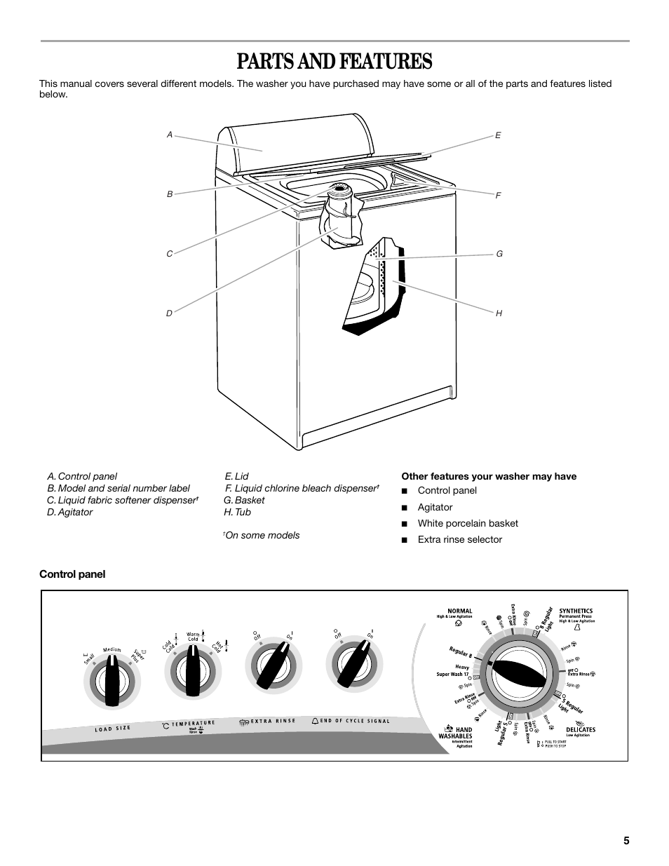Parts and features | Whirlpool 3XWTW5705 User Manual | Page 5 / 36