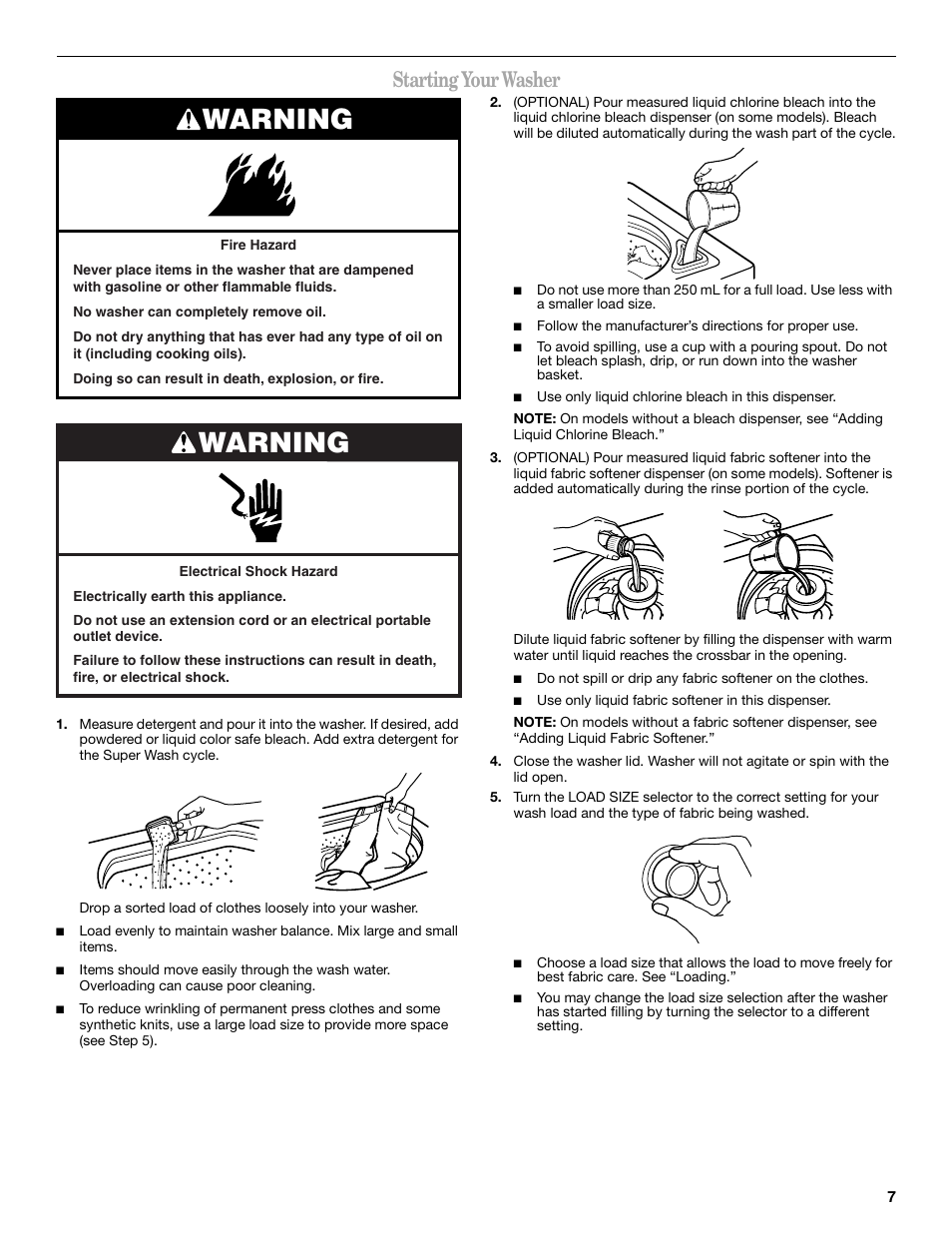 Warning, Starting your washer | Whirlpool 3XWTW5705 User Manual | Page 7 / 36
