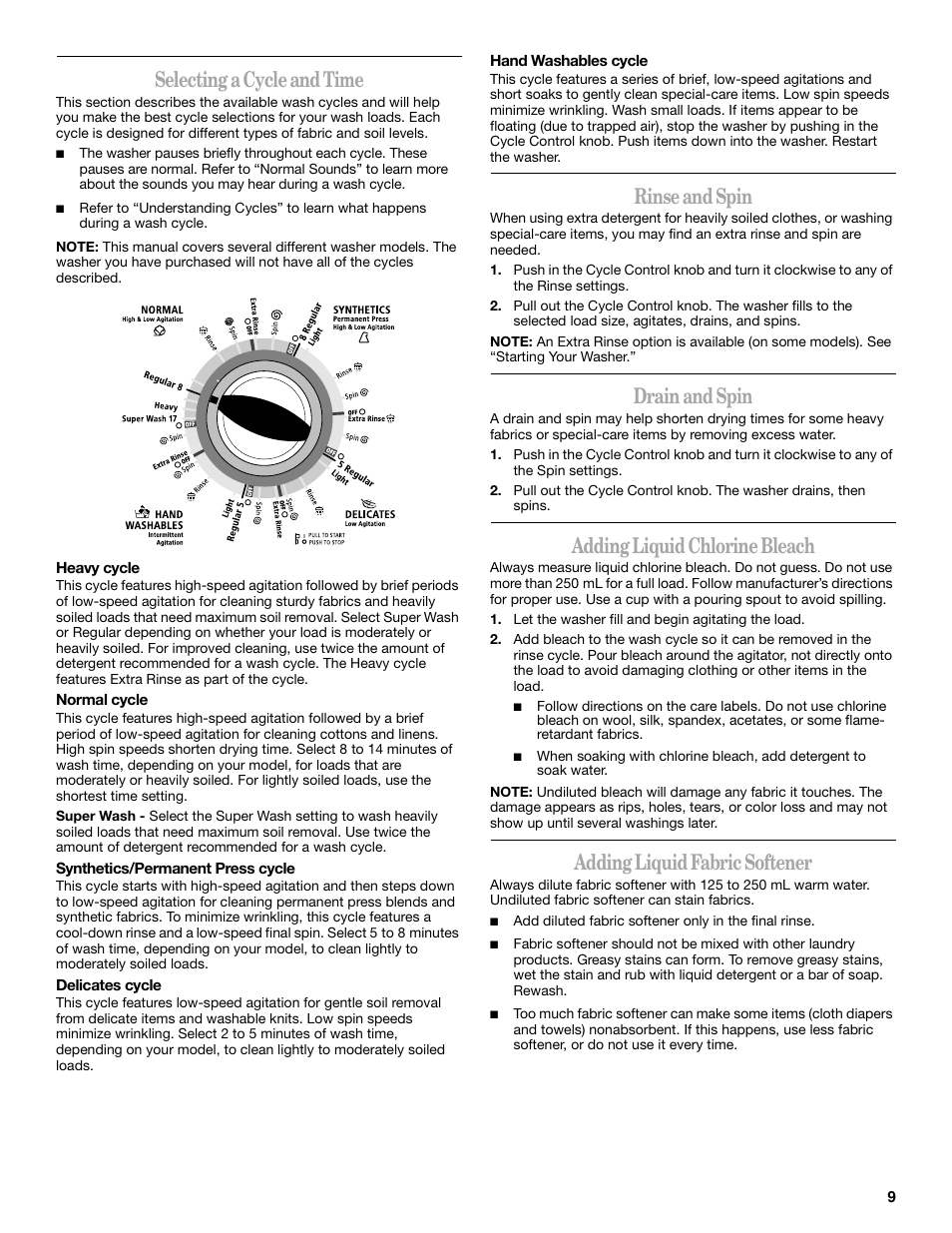 Selecting a cycle and time, Rinse and spin, Drain and spin | Adding liquid chlorine bleach, Adding liquid fabric softener | Whirlpool 3XWTW5705 User Manual | Page 9 / 36