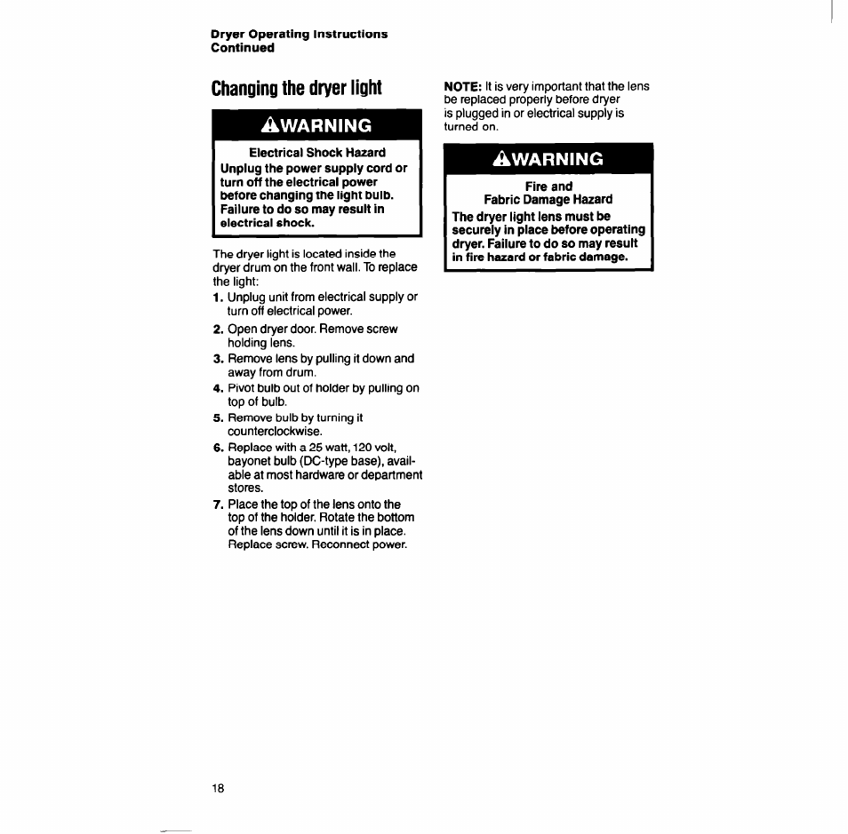 Fire and, Changing the dryer light a | Whirlpool LT7004XV User Manual | Page 18 / 24