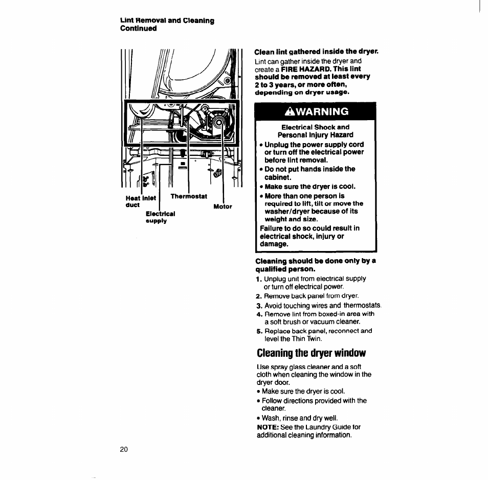 Cleaning the dryer window, Awarning | Whirlpool LT7004XV User Manual | Page 20 / 24