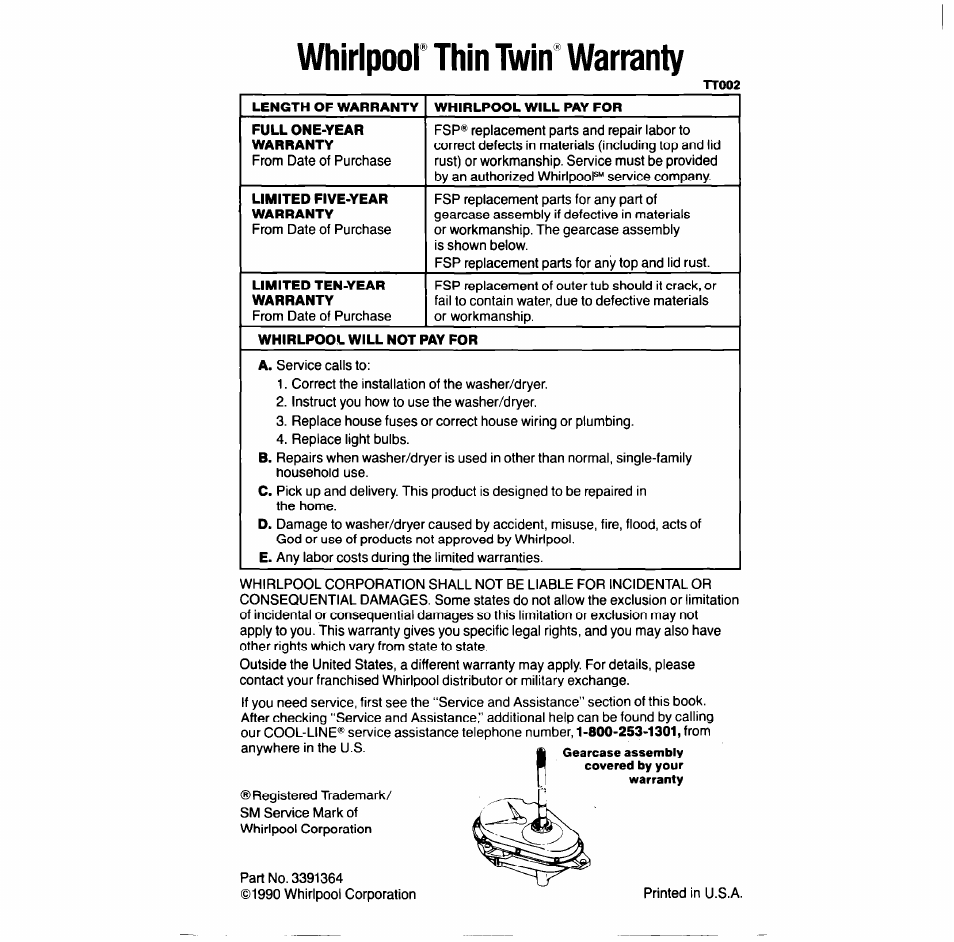 Whirlpool* thin twin* warranty | Whirlpool LT7004XV User Manual | Page 24 / 24