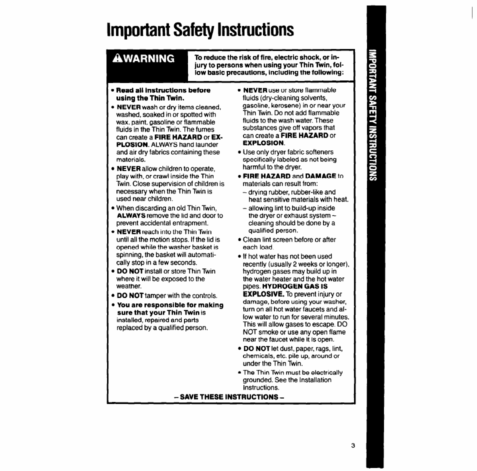 Important safety instructions, Read all instructions before using the thin twin, Save these instructions | Warning | Whirlpool LT7004XV User Manual | Page 3 / 24