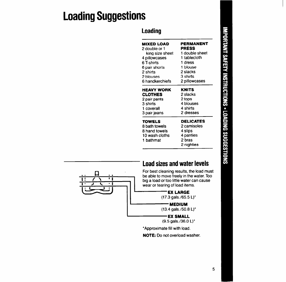 Loading suggestions, Loading, Load sizes and water levels | Whirlpool LT7004XV User Manual | Page 5 / 24