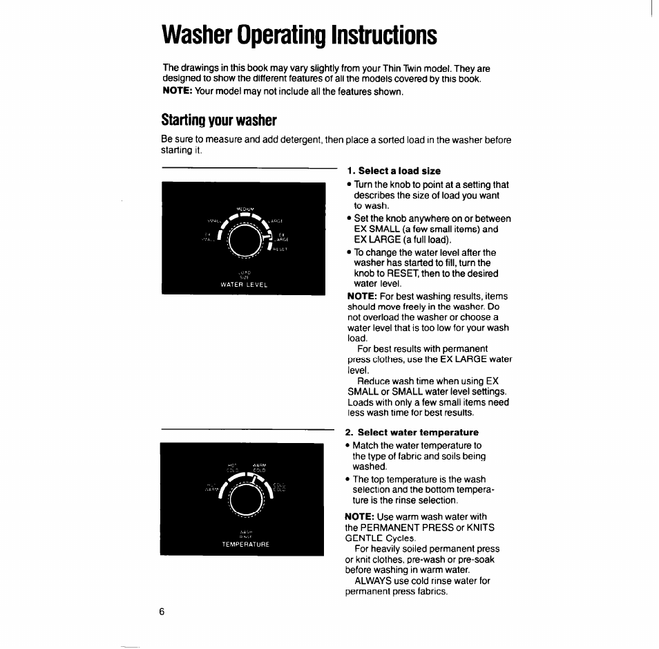 Washer operating instructions, Starting your washer, Select a load size | Whirlpool LT7004XV User Manual | Page 6 / 24