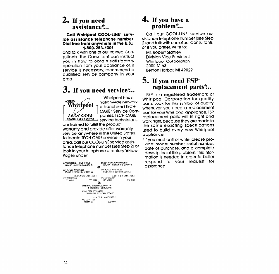 If you need assistance, If you need service, If you have a problem | If you need fsp replacement parts, R whiflpiiol | Whirlpool LA5580XS User Manual | Page 14 / 16