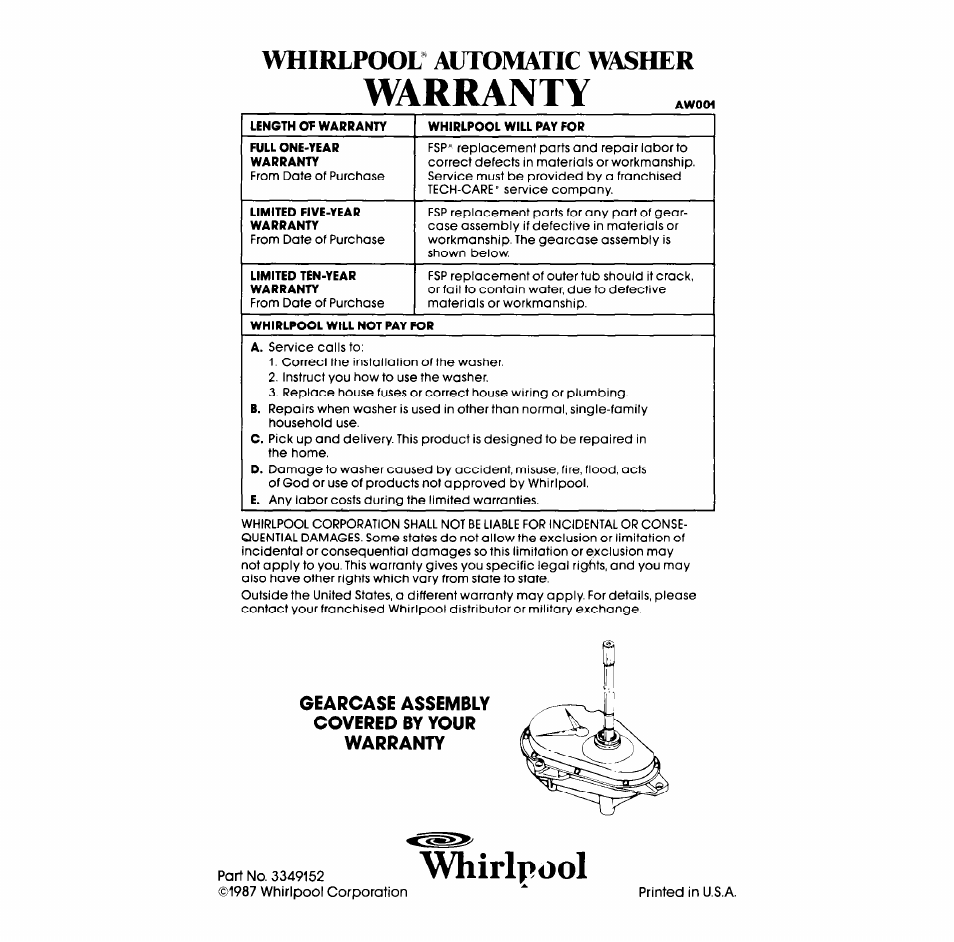 Gearcase assembly covered by your warranty, Whirlpool, Warranty | Whirlpool* automatic washer | Whirlpool LA5580XS User Manual | Page 16 / 16