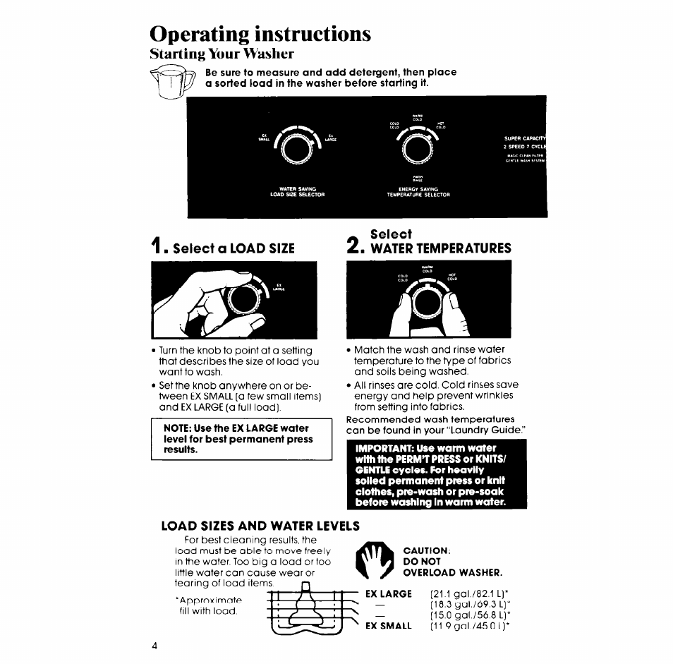 Operating instructions, Select a load size, Load sizes and water levels | Starting your washer | Whirlpool LA5580XS User Manual | Page 4 / 16