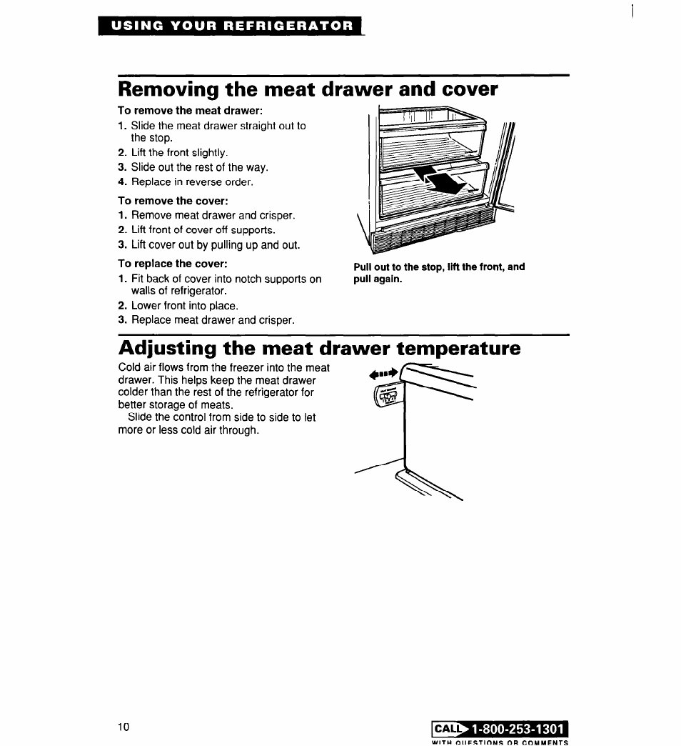 Removing the meat drawer and cover, To remove the meat drawer, To remove the cover | Adjusting the meat drawer temperature, Call^ibaillbu.ictotl | Whirlpool 2194182 User Manual | Page 10 / 68