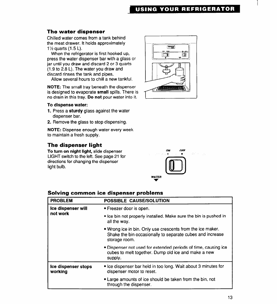 The water dispenser, The dispenser light, Solving common ice dispenser problems | Whirlpool 2194182 User Manual | Page 13 / 68