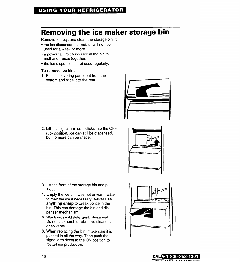 Removing the ice maker storage bin, To remove ice bin | Whirlpool 2194182 User Manual | Page 16 / 68