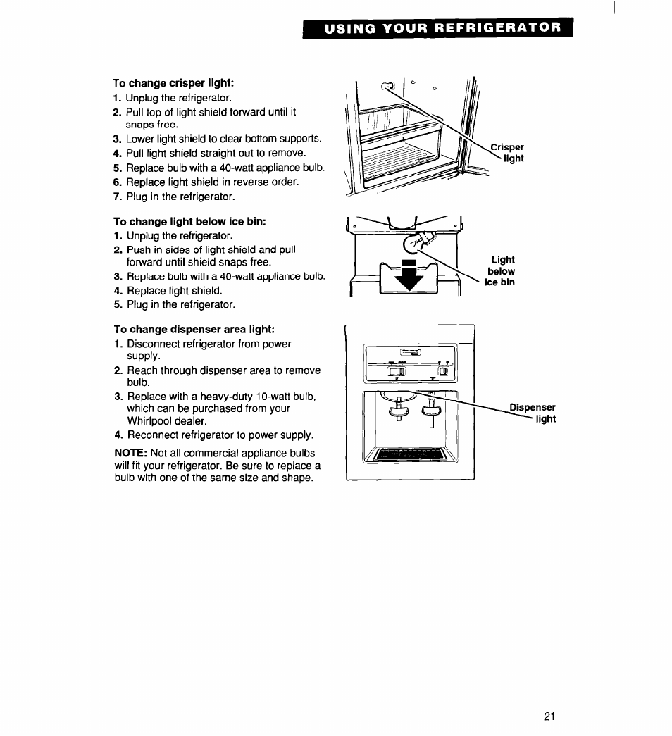 To change crisper light, To change light below ice bin, To change dispenser area light | Whirlpool 2194182 User Manual | Page 21 / 68