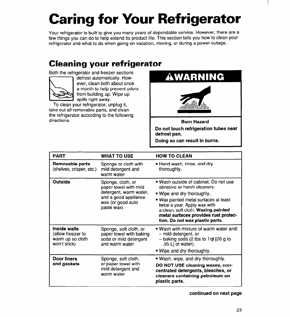 Caring for your refrigerator, Cleaning your refrigerator, Before using your refrigerator | Warning | Whirlpool 2194182 User Manual | Page 23 / 68