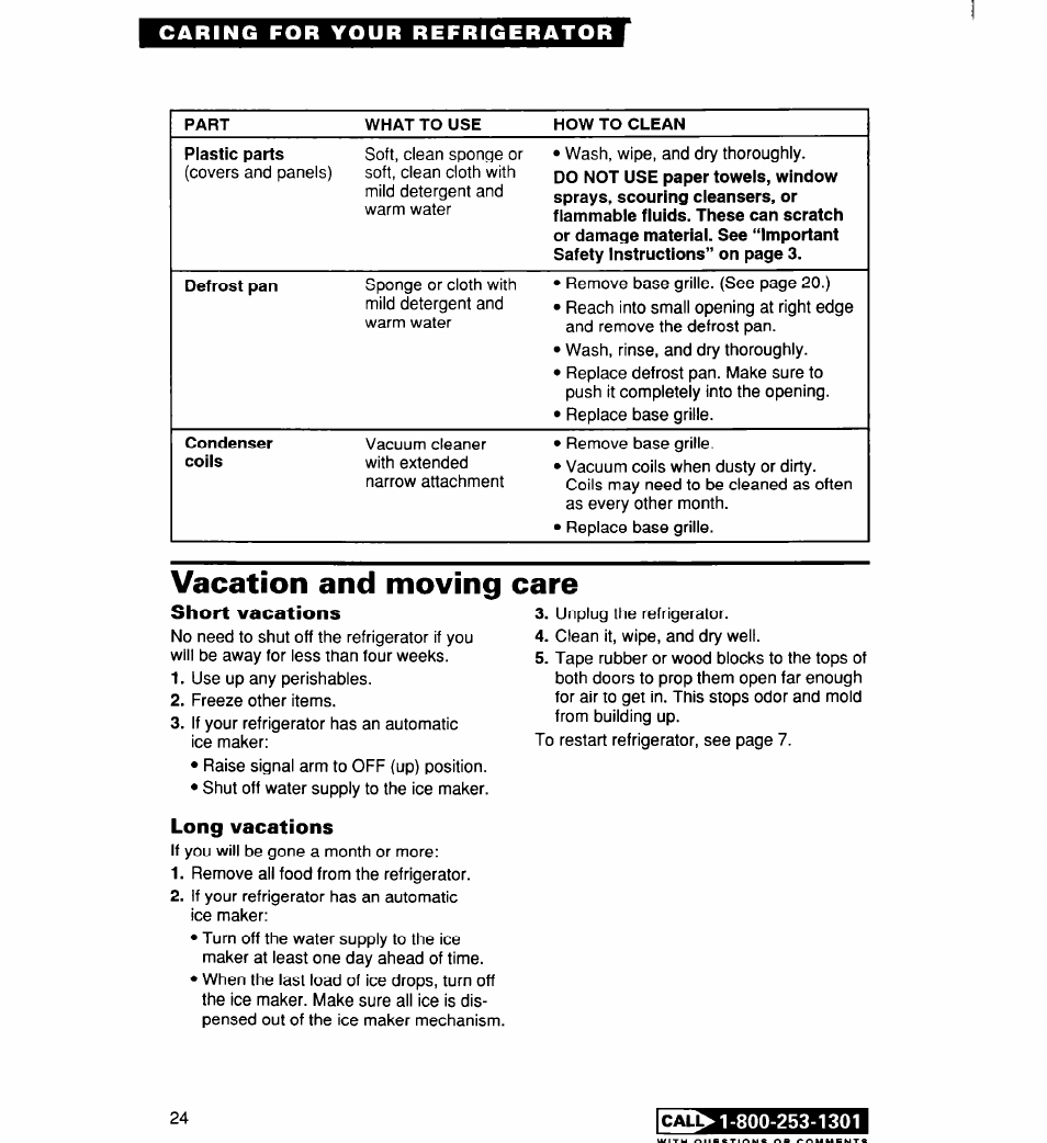 Vacation and moving care, Short vacations, Long vacations | Lehl | Whirlpool 2194182 User Manual | Page 24 / 68