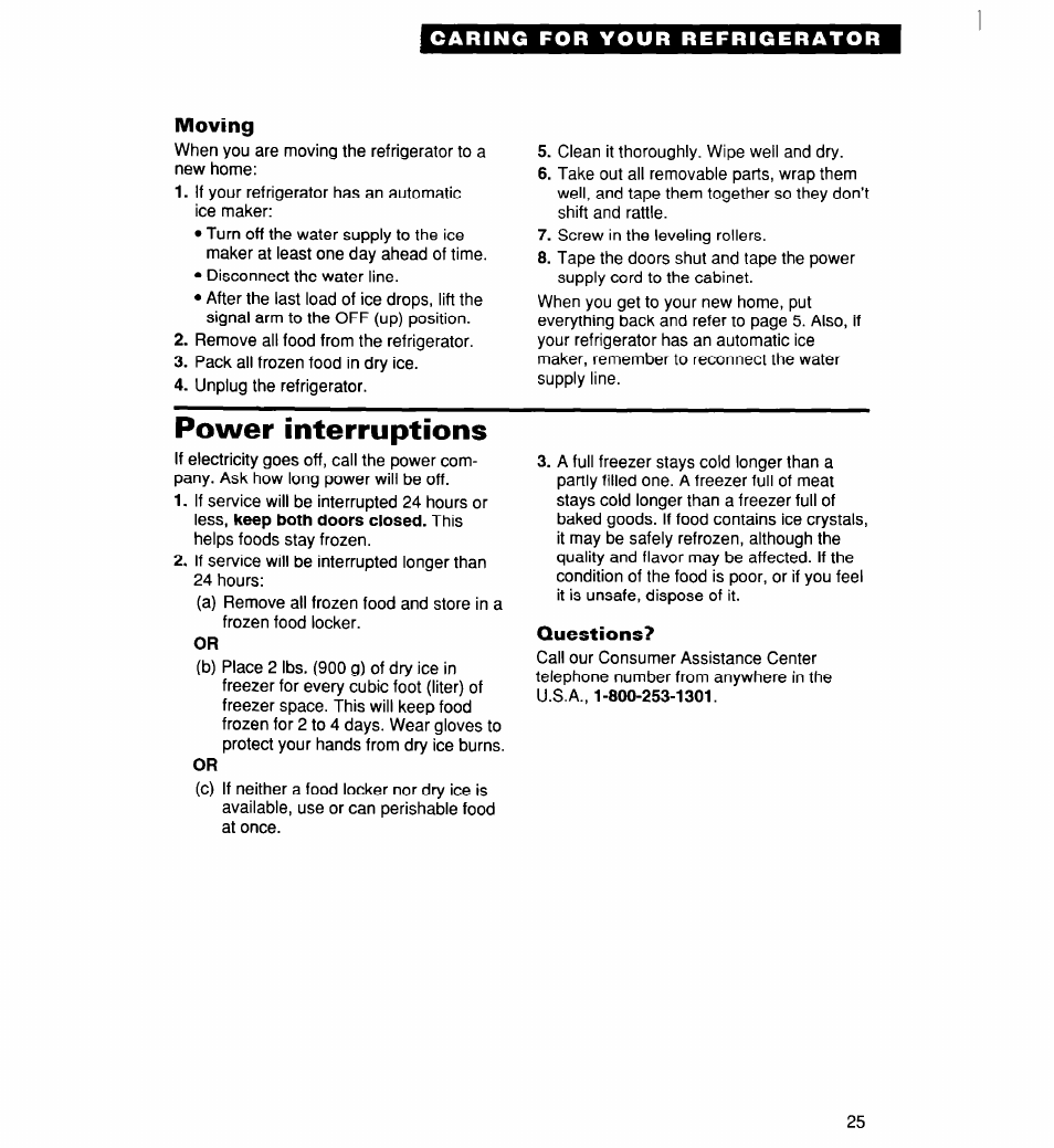 Moving, Questions, Power interruptions | Whirlpool 2194182 User Manual | Page 25 / 68