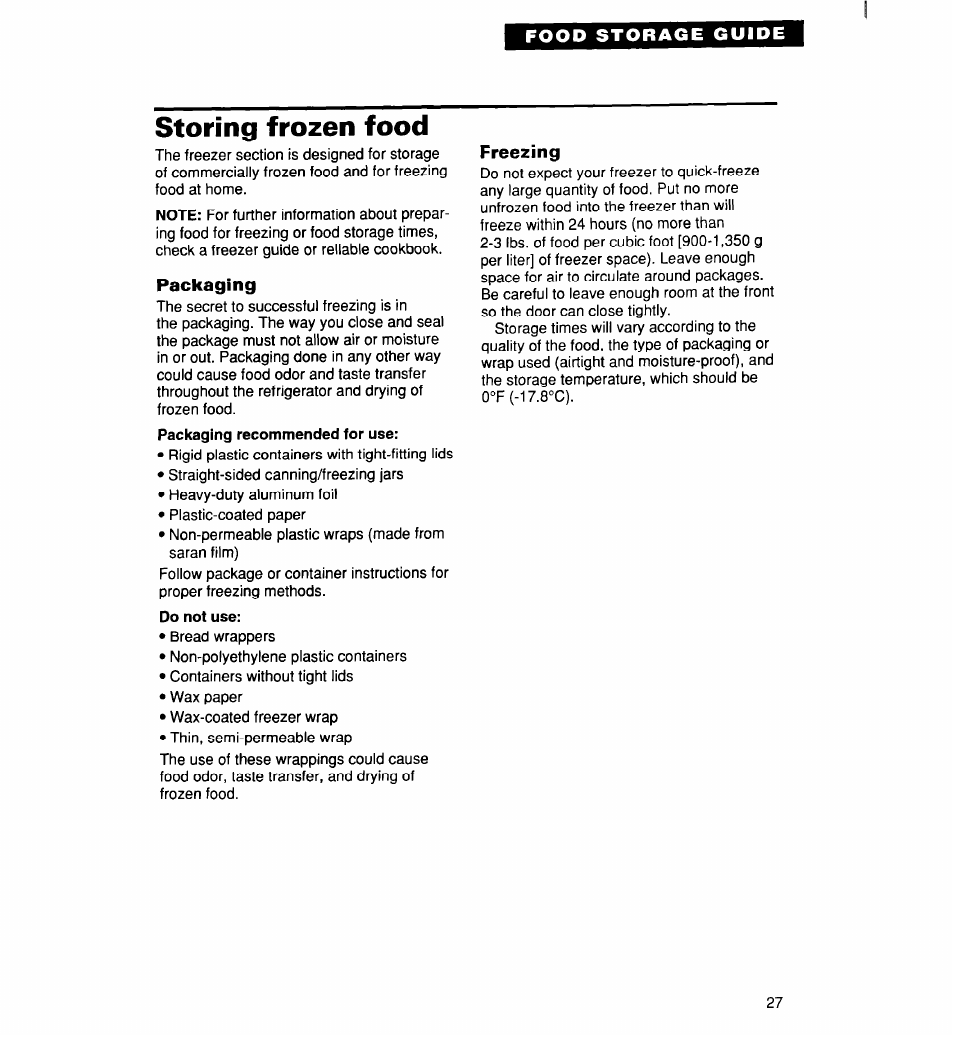 Food storage guide, Storing frozen food, Packaging | Do not use, Freezing | Whirlpool 2194182 User Manual | Page 27 / 68