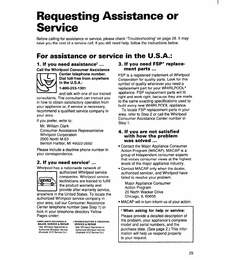 Requesting assistance or service, For assistance or service in the u.s.a, If you need assistance | If you need service, If you need fsp* * replacement parts, Requesting assistance, Or service | Whirlpool 2194182 User Manual | Page 29 / 68
