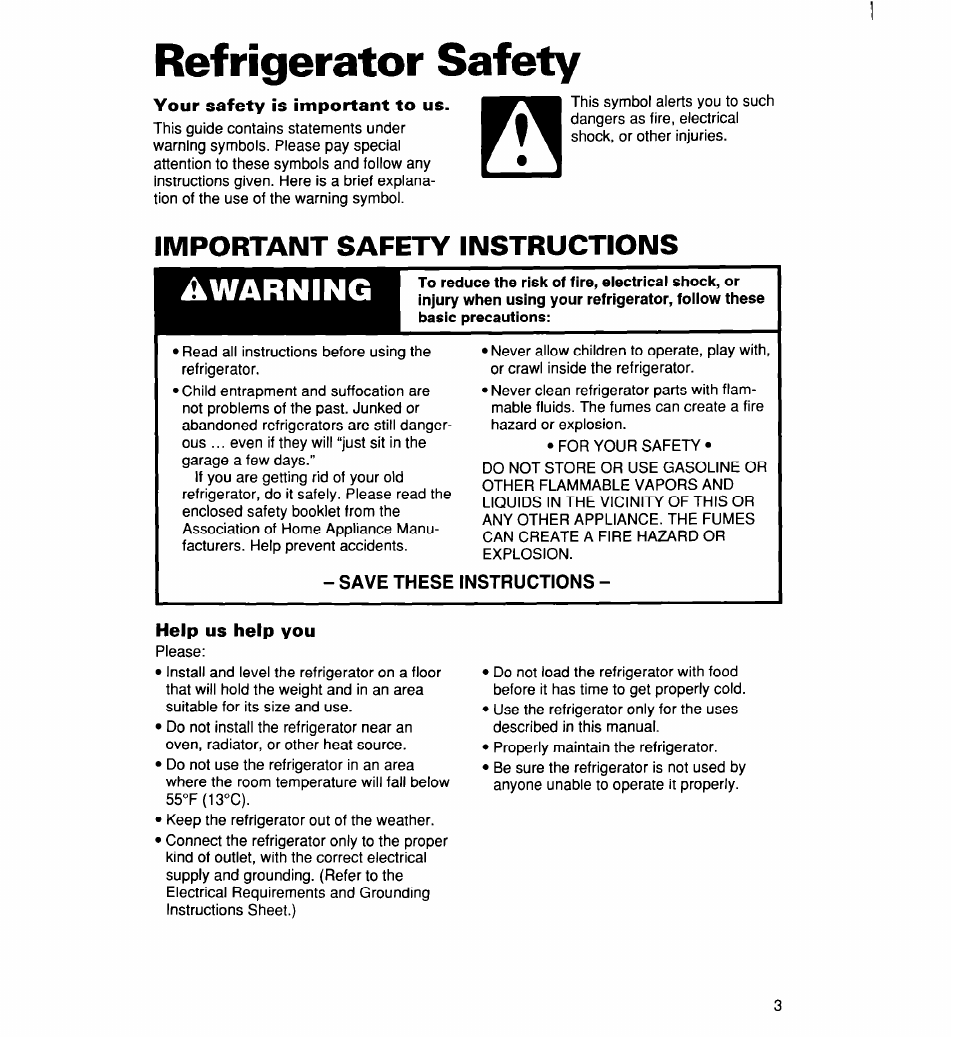 Refrigerator safety, Your safety is important to us, Save these instructions | Help us help you, Awarning, Important safety instructions | Whirlpool 2194182 User Manual | Page 3 / 68