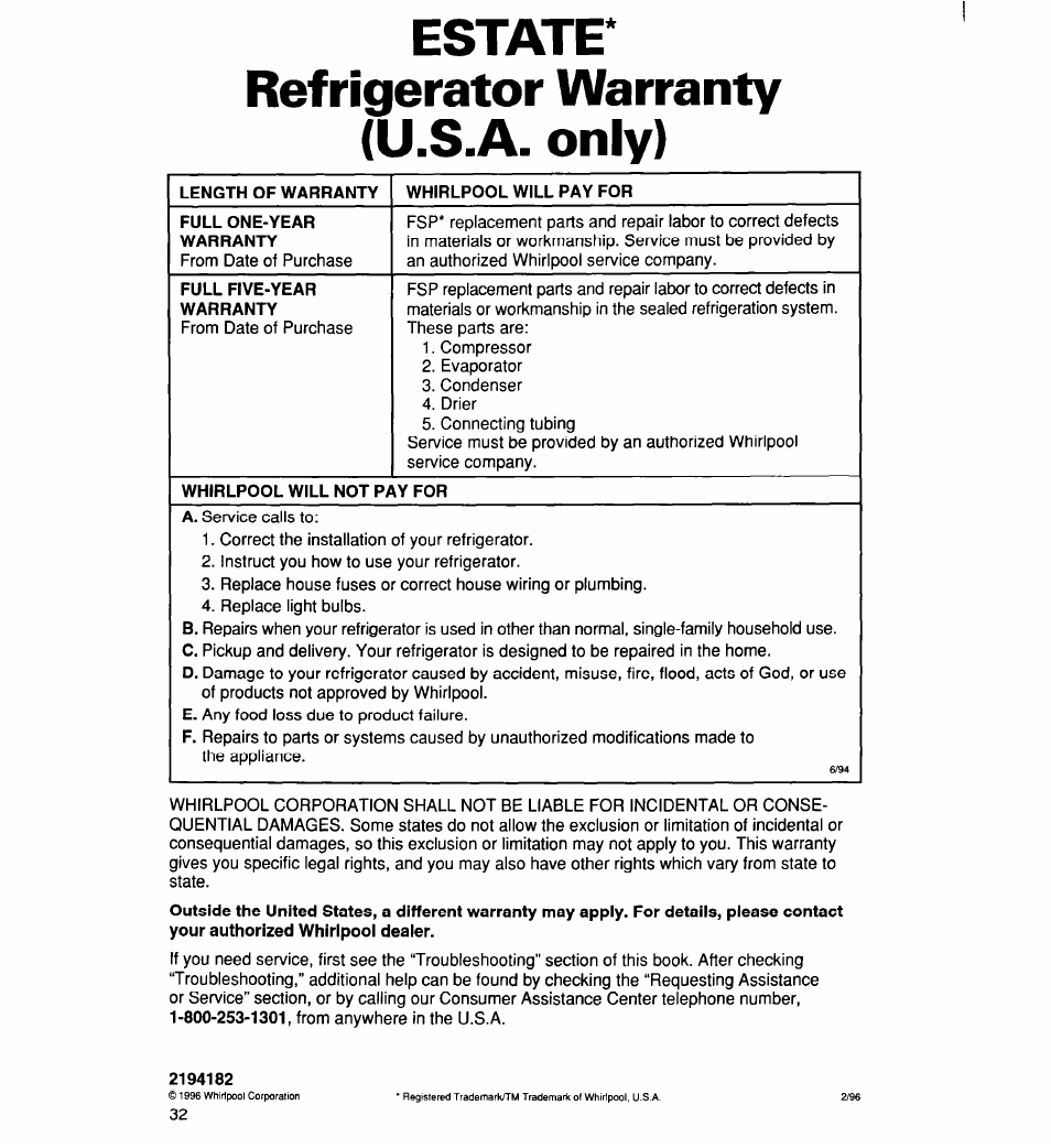 Estate, Refrigerator warranty (u.s.a. only), Estate* refrigerator warranty (u.s.a. only) | Whirlpool 2194182 User Manual | Page 32 / 68