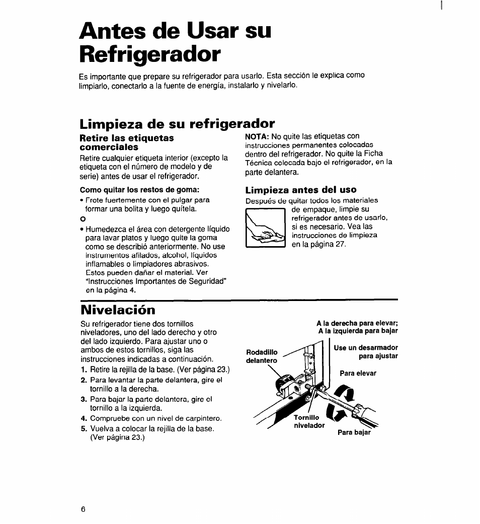 Antes de usar su refrigerador, Retire las etiquetas comerciales, Limpieza antes del uso | Nivelación, Limpieza de su refrigerador | Whirlpool 2194182 User Manual | Page 38 / 68