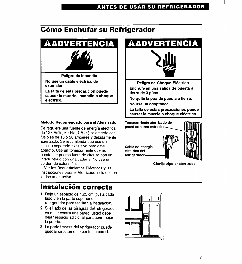 Cómo enchufar su refrigerador, Instalación correcta, Cómo usar su refrigerador | Advertencia ■ ^advertencia | Whirlpool 2194182 User Manual | Page 39 / 68